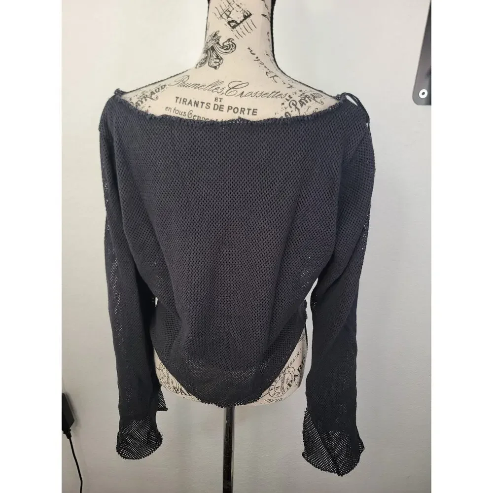 Free People Top SZ Large Beau Mesh Layering Long Sleeve Black Boho Grunge Witchy